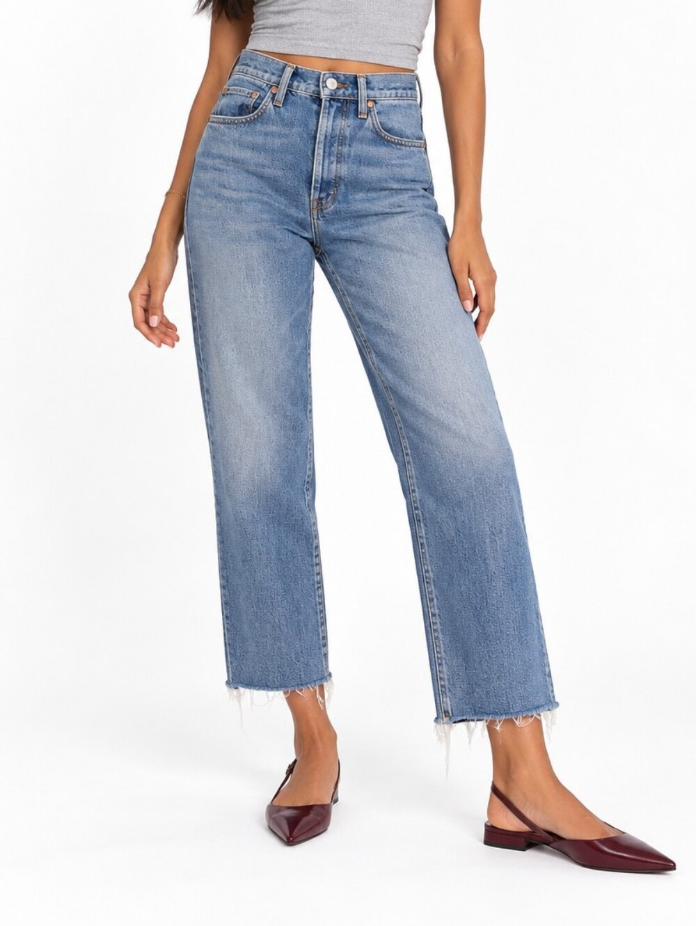 RE/DONE High Rise Straight Crop Jeans Size 26 Medium Wash Raw Hem